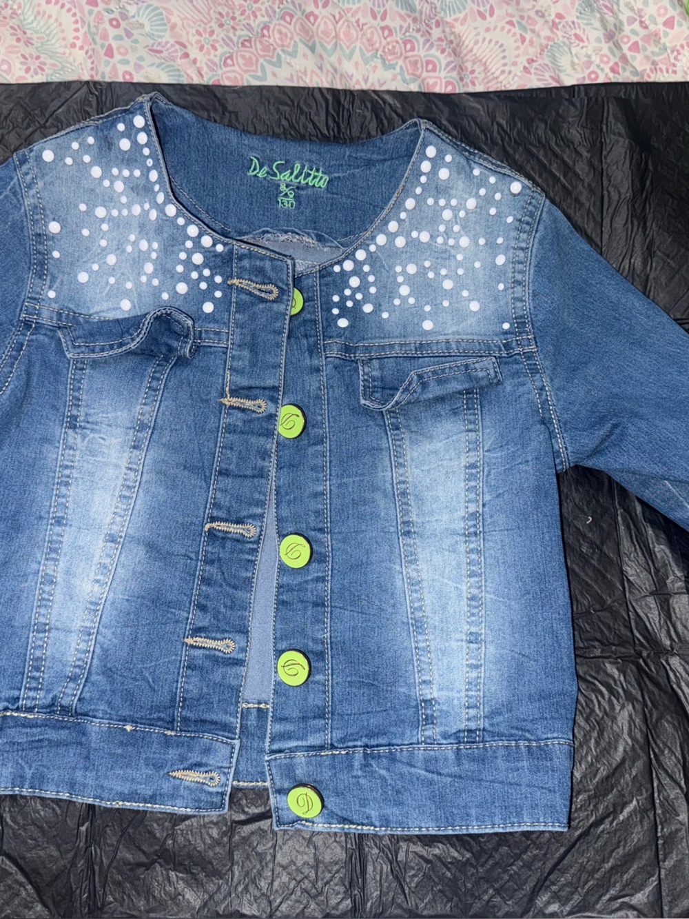 Girls' Blue Denim Jacket with Green Buttons
